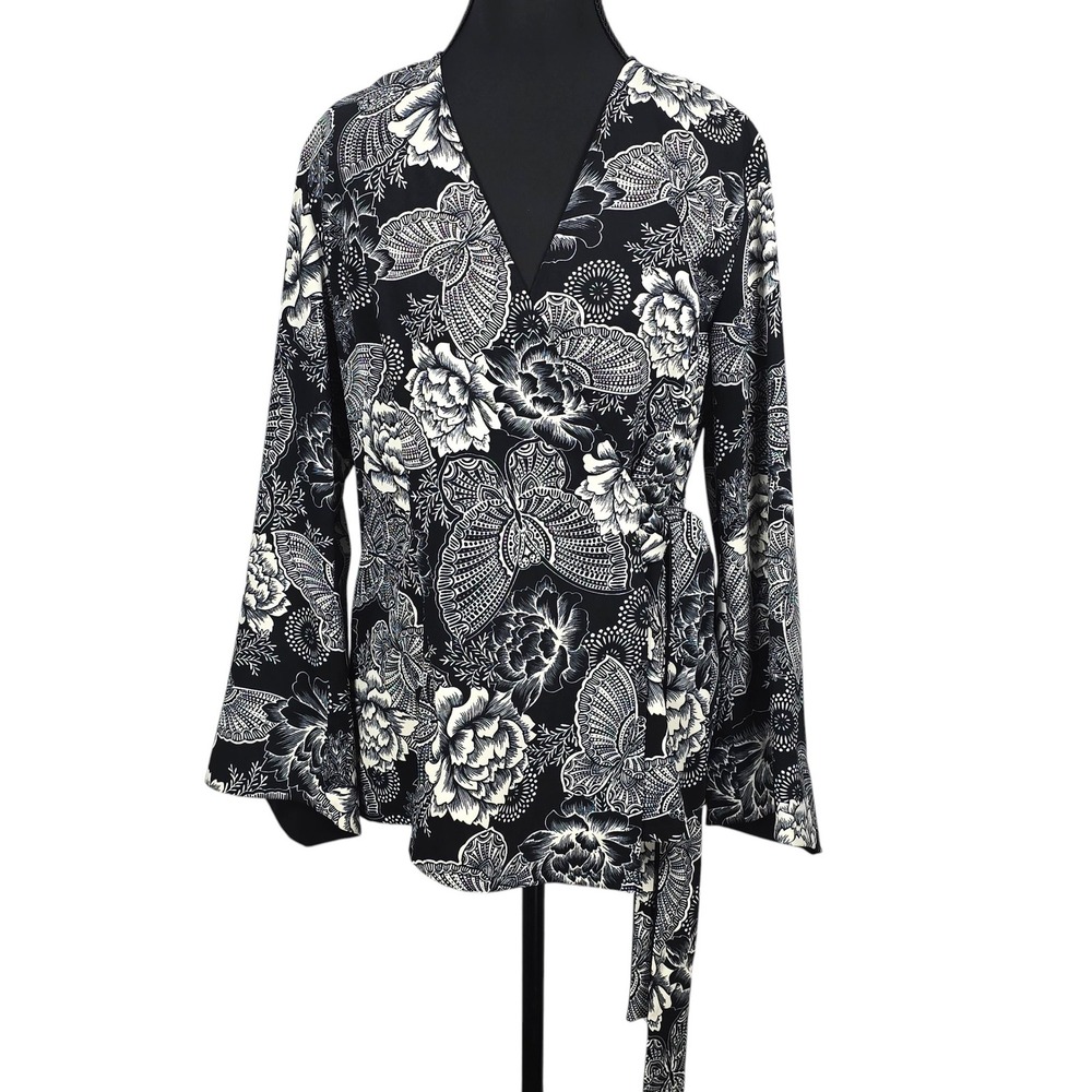 Linea by Louis Dell'Olio Womens Faux Wrap Top XS Black White Floral Bell Sleeve
